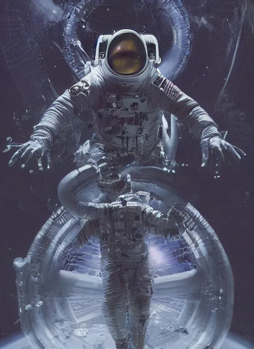 Image similar to astronaut in dark void underwater - complex and hyperdetailed technical suit design. reflection and dispersion materials. rays and dispersion of light. volumetric light. f / 3 2. noise film photo. flash photography. ultra realistic, 5 0 mm. poster by wayne barlowe, hajime sorayama aaron horkey, craig mullins