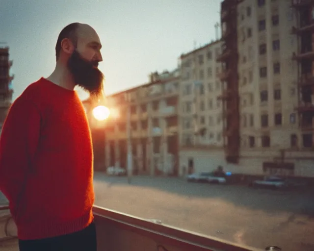 Prompt: lomo photo of 4 0 years russian man with beard and sweater standing on small hrushevka 9 th floor balcony full with cigarette smoke in small russian town looking at sunset, cinestill, bokeh