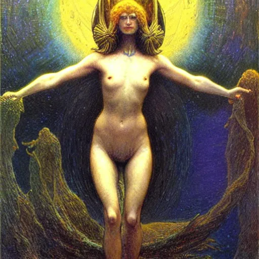 Prompt: a painting of female alien from planet trip by gustav moreau, jean delville and  Gaston Bussiere