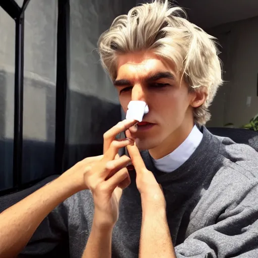 Prompt: a photo of xqc smoking a cigarrette