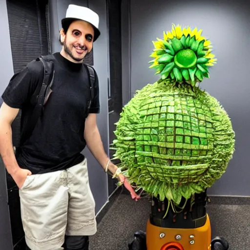 Prompt: ethan klein as a steampunk robot holding a large sunflower in a long futuristic hallway