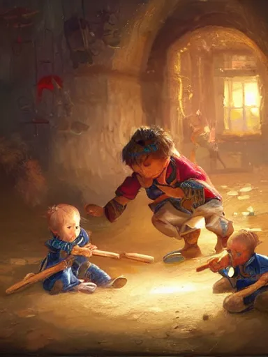 Prompt: kids playing with sticks. fight intricate, elegant, highly detailed, digital painting, artstation, concept art, sharp focus, illustration, by justin gerard and artgerm, 8 k