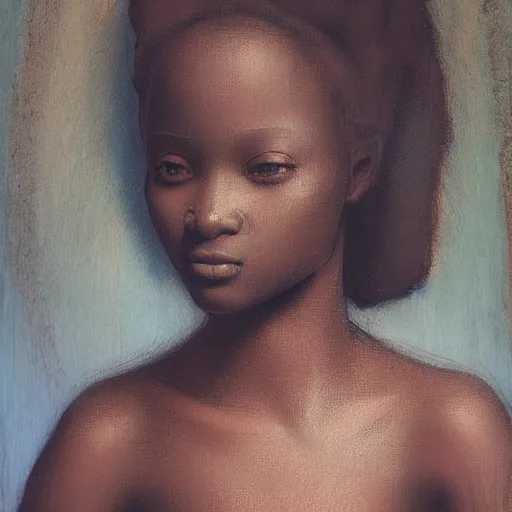 Prompt: a painting of a beautiful African girl by Leonardo da Vinci . dramatic angle, ethereal lights, details, smooth, sharp focus, illustration, realistic, cinematic, artstation, award winning, rgb , unreal engine, octane render, cinematic light, macro, depth of field, blur, red light and clouds from the back, highly detailed epic cinematic concept art CG render made in Maya, Blender and Photoshop, octane render, excellent composition, dynamic dramatic cinematic lighting, aesthetic, very inspirational, arthouse.