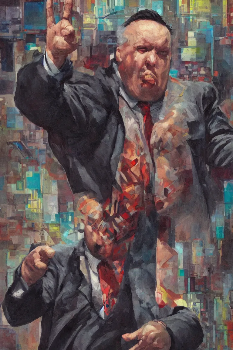 Prompt: fat cyberpunk soviet preacher mid-speech, pointing one finger at the viewer, detailed face and hands, oil on canvas, trending on artstation