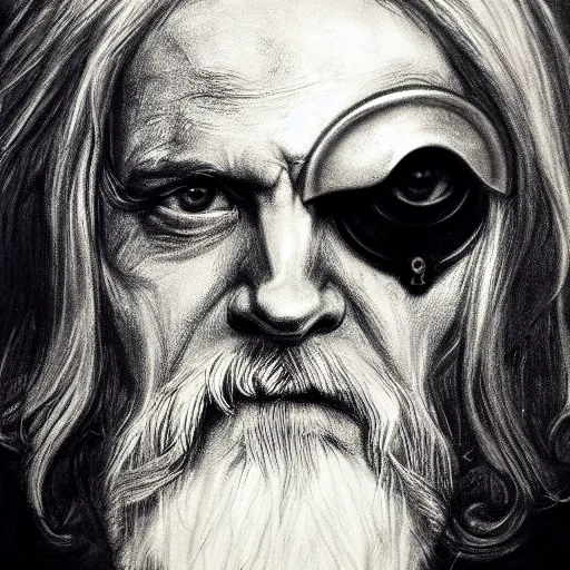 Image similar to Odin with eye-patch, charcoal portrait, artstation, fine-detailed