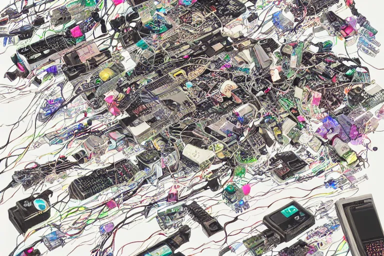 Image similar to an extremely beautiful cyberpunk illustration of parts of female androids' bodies scattered across an empty white background with cables and wires coming out, by katsuhiro otomo and masamune shirow, hyper-detailed, colorful, bird view