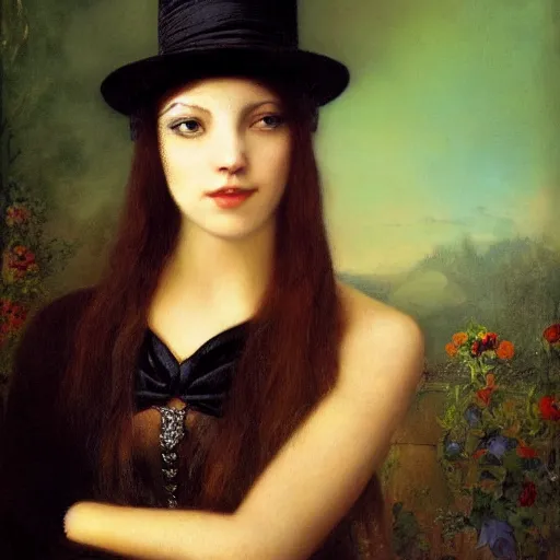 Image similar to portrait of a woman wearing a bowler hat, by howard david johnson.