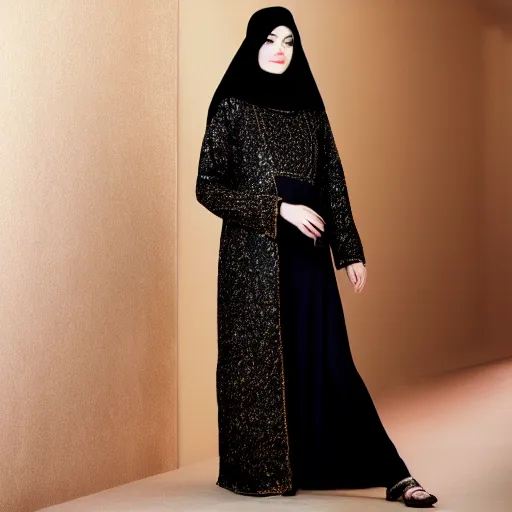 Prompt: A full body portrait of Emma Stone wearing Black Arabian khaleeji abaya Abaya, high quality, fully detailed, 4k