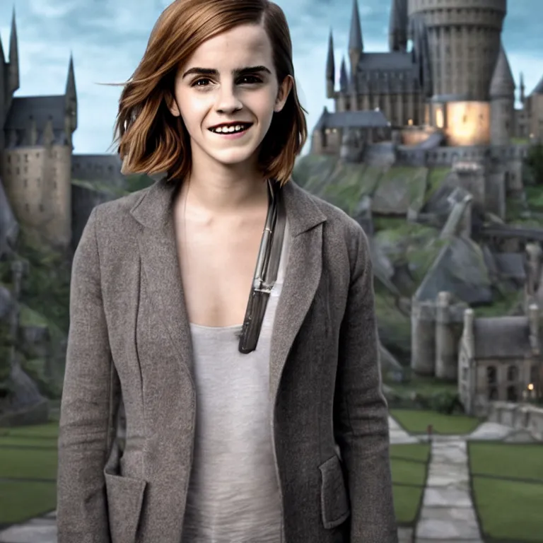 Image similar to Joyful!!! smiling Emma Watson wearing cyborg prosthetic. From Her (2013). Clear Hands. Clear body. Light Clothes. Hogwarts as Background. Cinematic. Professional Photo. UHD. 8k. Clear Face.