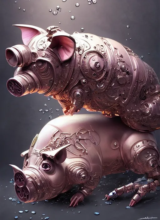 Prompt: robotic pig, d & d, wet, shiny, fantasy, intricate, elegant, extremely higly detailed, ultra definition, digital painting, artstation, anatomical perfection, baroque, one object, concept art, smooth, sharp focus, illustration, art by artgerm and greg rutkowski and alphonse mucha