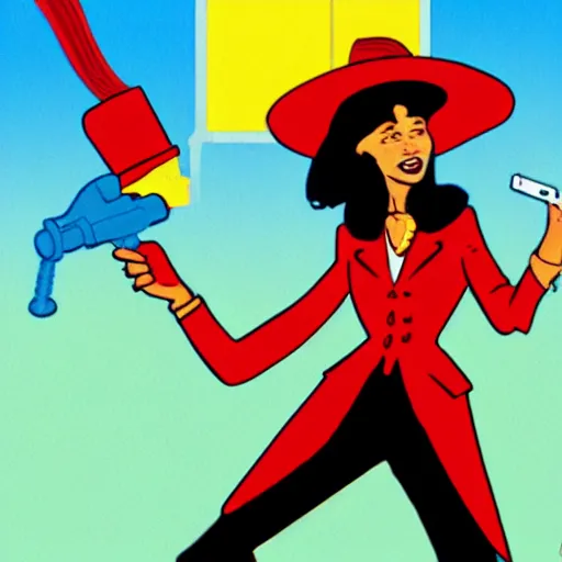 Image similar to carmen sandiego shooting a mace gun, high - res, art by dr. seuss