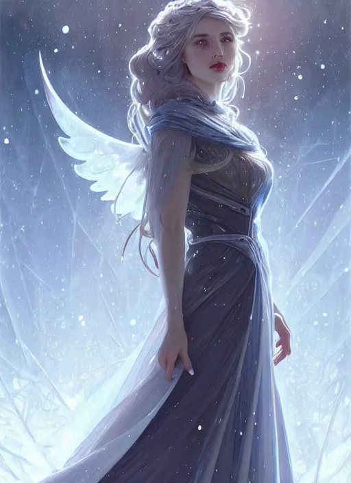 Image similar to a beautiful cinematic female winter goddess, cristal dress, ice wing, galatic shamen with quantum energy fantasy, fantasy magic, undercut hairstyle, dark light night, intricate, elegant, sharp focus, illustration, highly detailed, digital painting, concept art, matte, art by wlop and artgerm and greg rutkowski and alphonse mucha, masterpiece