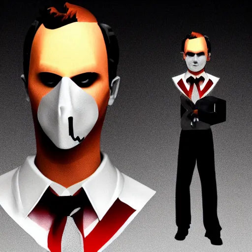 Image similar to TF2 Pyro as The American Psycho, cinematic still, sweating hard