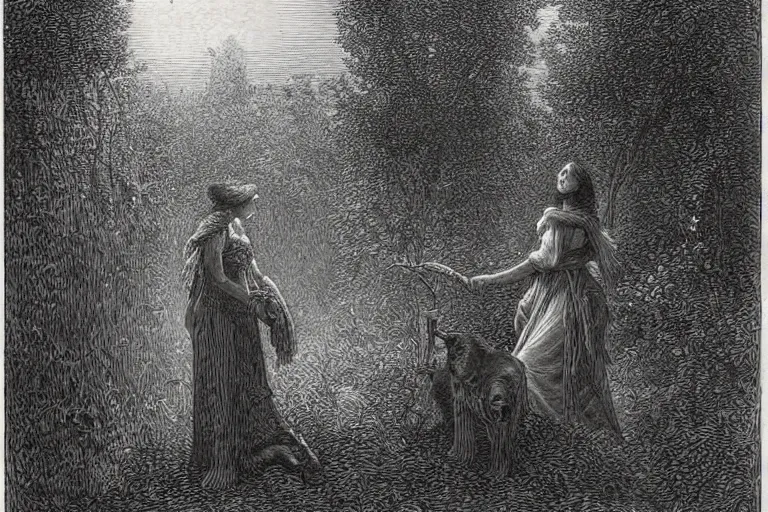 Image similar to werewolf in the garden hunting young french woman, Gustave Dore lithography