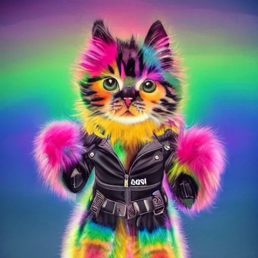 Image similar to wide angle full body, jacket wearing fluffy cute rainbow kitten wearing a black leather motorcycle jacket, cinematic concept art