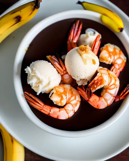 Image similar to dslr food photograph of a cup of ice cream with shrimps on top. chocolate sauce, shrimp, banana slices. 8 5 mm f 1. 4