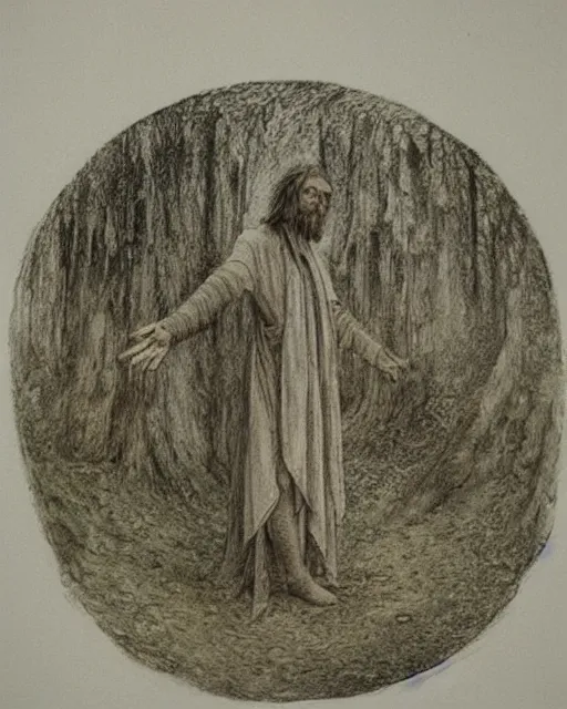 Image similar to a druid standing in a circle at the beginning of the world by alan lee