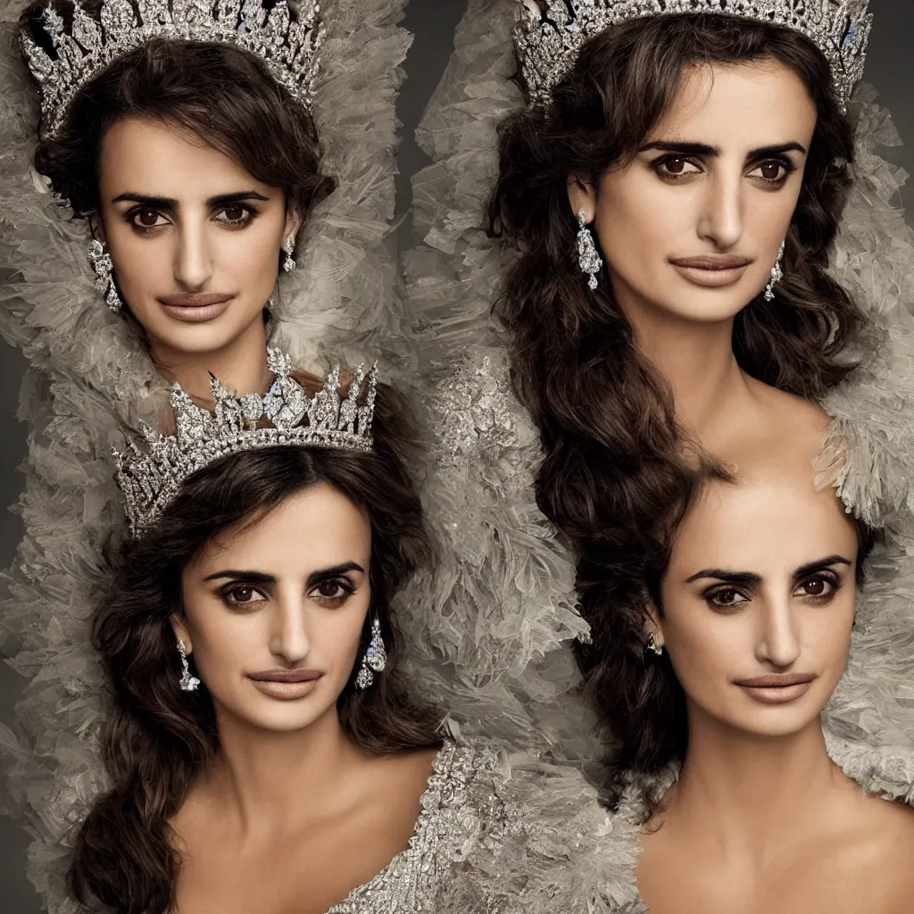 Image similar to penelope cruz as the queen of england, big crown adorned with emerald, diamonds, topaz and other jewellaries, sensual, beautiful soft light failling on her face, zoomed out, studio photography, nikon 3 5 mm portrait photography, ultra realistic