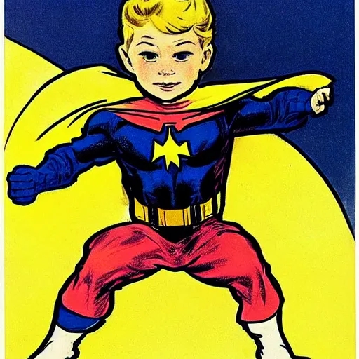 Image similar to a little boy with a mischievous face and short ginger hair. he is dressed as captain america, spider - man, batman, captain marvel, a superhero. well composed, clean elegant painting, beautiful detailed face. by steve ditko and jack kirby and alphonse mucha