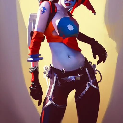 Image similar to greg manchess portrait painting of harley quinn as overwatch character, medium shot, asymmetrical, profile picture, organic painting, sunny day, matte painting, bold shapes, hard edges, street art, trending on artstation, by huang guangjian and gil elvgren and sachin teng