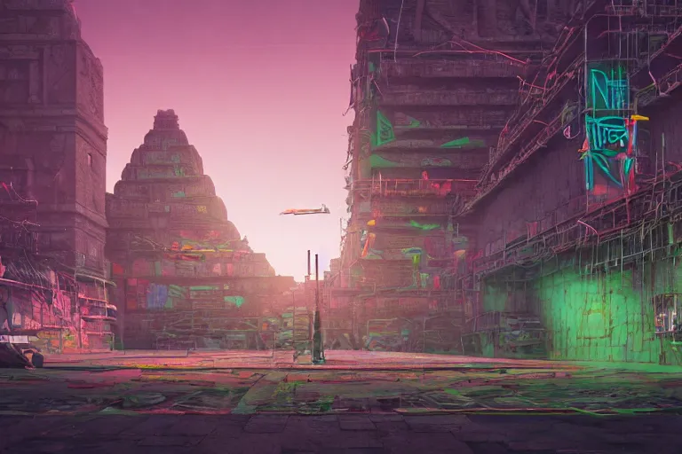 Image similar to hyperrealistic matte painting of aztec temples in a cyberpunk future environment with mechanical features and neon, graffiti, scaffolding, smog, destruction by filip hodas, beeple, 4 k, trending on cgsociety