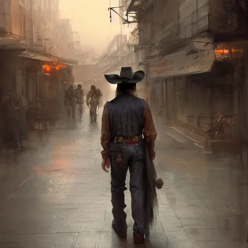 Prompt: a man with a long duster,grey hair and a cowboy hat walking in a western town, drawn by Ruan Jia, portrait, fantasy art, dramatic lighting, digital art, 8k, highly detailed