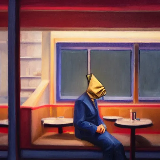 Image similar to a portrait of a vampire with a paper bag over his head, sitting in an 80s diner, painting in style of Edward Hopper, moody lighting, 4K,