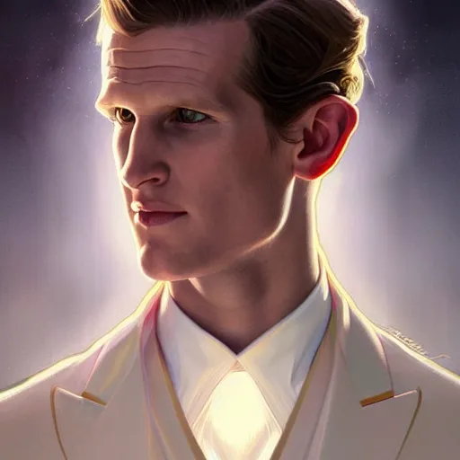 Image similar to symmetry portrait of matt smith, intricate, elegant, highly detailed, digital painting, artstation, concept art, smooth, sharp focus, illustration, art by artgerm and greg rutkowski and alphonse mucha