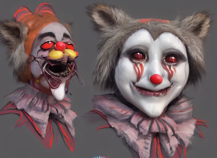 Image similar to award - winning detailed concept art of a creepy clown anthropomorphic raccoon character wearing clown makeup face paint. art by wlop on bcy. net, realistic. detailed fur, art by cheng yi. artstationhd, artgerm, 3 dcg, pixar zootopia. 3 d rendering, high quality model sheet, disney. model sheet detailed