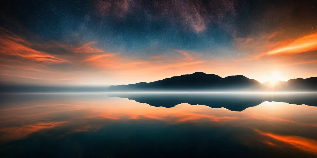 Image similar to amazing landscape photo of astronaut!!! standing on the lake at sunrise by Charlie Waite beautiful dramatic lighting, surrealism