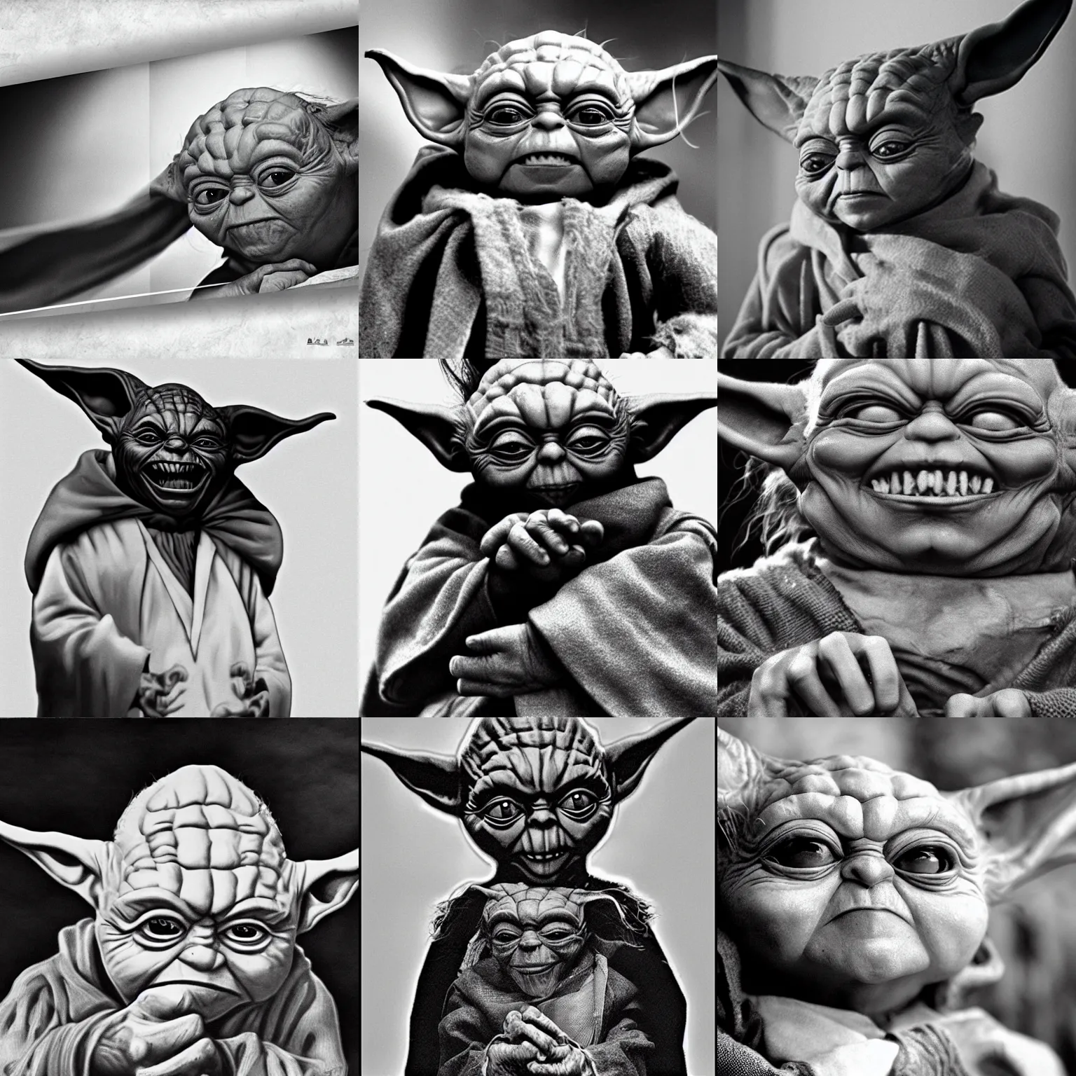 Prompt: evil horror yoda, black and white grainy film, screaming by maxim verehin