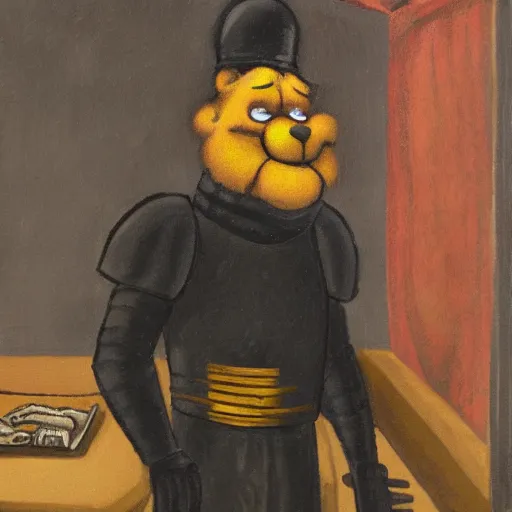 Prompt: garfield in a black armour, in front of a mirror in the style of an old painting