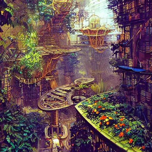 Prompt: steampunk walkway garden geometric hyper realism airbush digital art detailed by john berkey, paul lehr, syd mead, m. c. escher, james christensen, wlop, artgerm, frank gehry