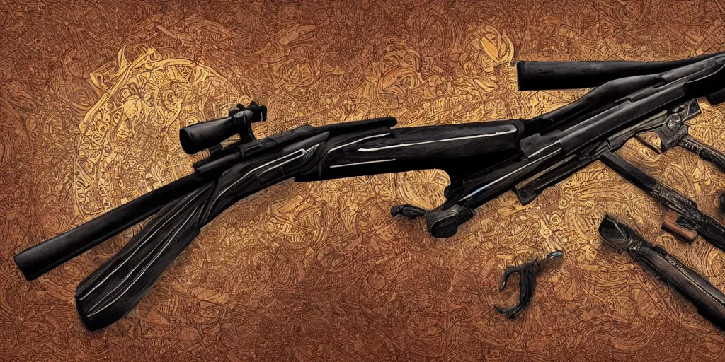 Image similar to a magic shotgun made out of wood, glowing in power, digital art, intricate details, professional