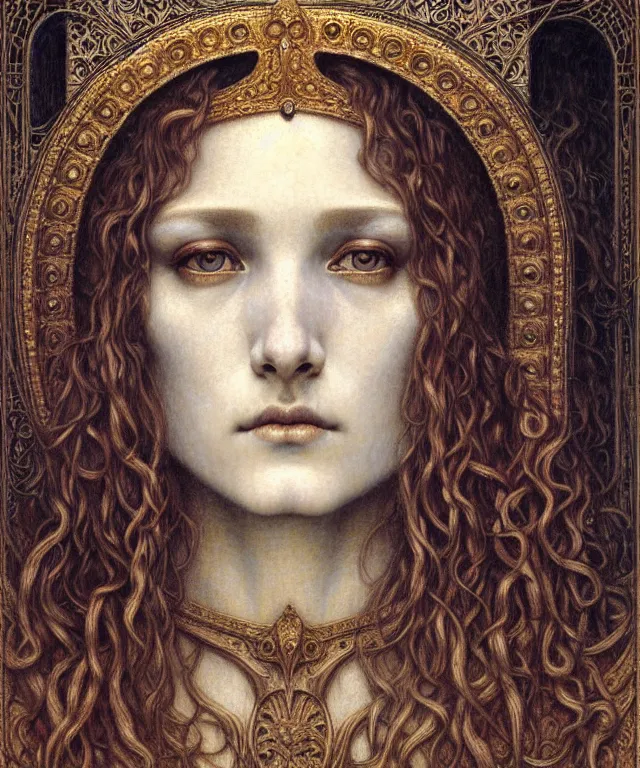 Image similar to detailed realistic beautiful young medieval queen face portrait by jean delville, gustave dore and marco mazzoni, art nouveau, symbolist, visionary, gothic, pre - raphaelite. horizontal symmetry