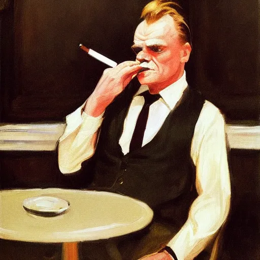 Prompt: A portrait of James Cagney smoking a cigar in a busy hotel lobby, painting by Edward Hopper and John Singer Sargent