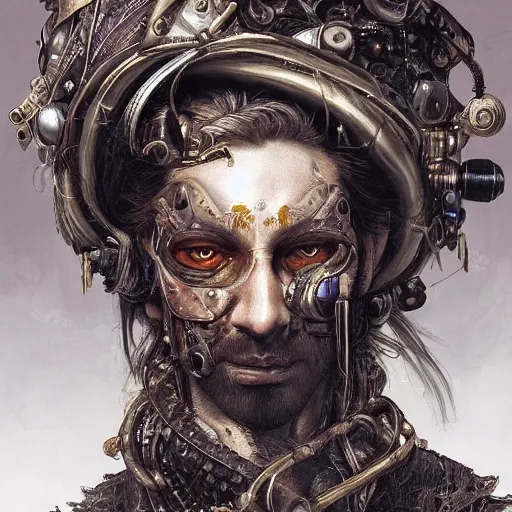 Image similar to portrait, headshot, insanely nice hair style, digital painting, of a old 17th century, old cyborg merchant, amber jewels, baroque, ornate clothing, scifi, realistic, hyperdetailed, chiaroscuro, concept art, art by Franz Hals and Jon Foster and Ayami Kojima and Amano and Karol Bak,