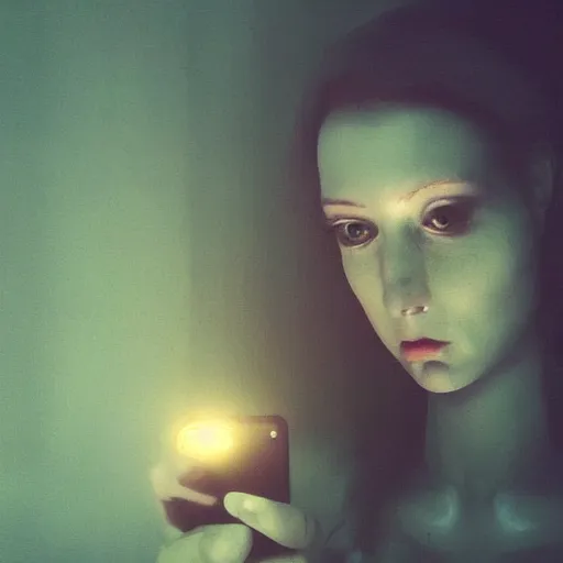 Prompt: selfie!!!!! of a woman in a dark room, spooky filter applied!!!!, grim and gloomy atmosphere, trending on artstation, 4 k, 8 k