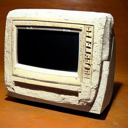 Image similar to a retro crt television carved from stone, ttelevision made by ancient taino