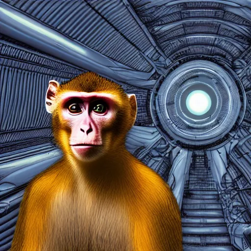 Image similar to macaque inside alien base, digital art,