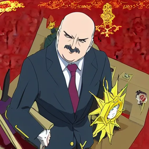 Image similar to alexander lukashenko as a main villain in anime in style of hayao miyazaki