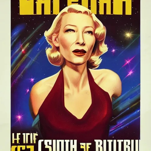 Image similar to retro scifi poster of cate blanchett