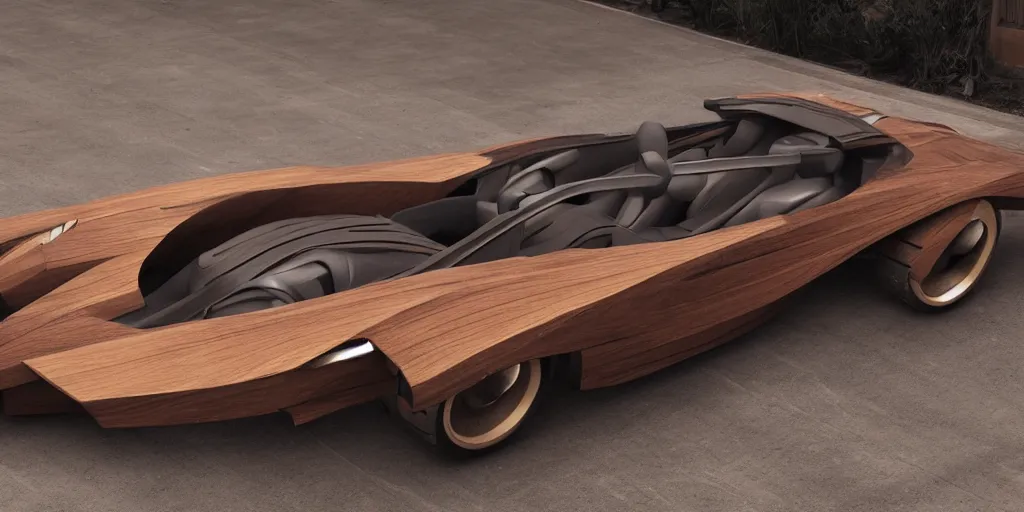 Image similar to wooden car design, design sheet, Moebius, Greg Rutkowski, Zabrocki, Karlkka, Jayison Devadas, Phuoc Quan, trending on Artstation, 8K, ultra wide angle, zenith view, pincushion lens effect.