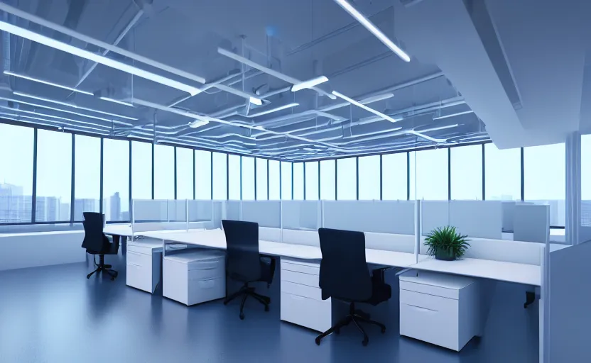 Prompt: modern office with soft blue lights in the roof at night, octane render, artstation trending, highly detailded