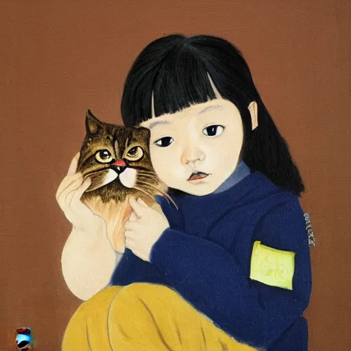 Prompt: a child attempts to hold an extremely angry cat, lowbrow painting by 奈 良 美 智