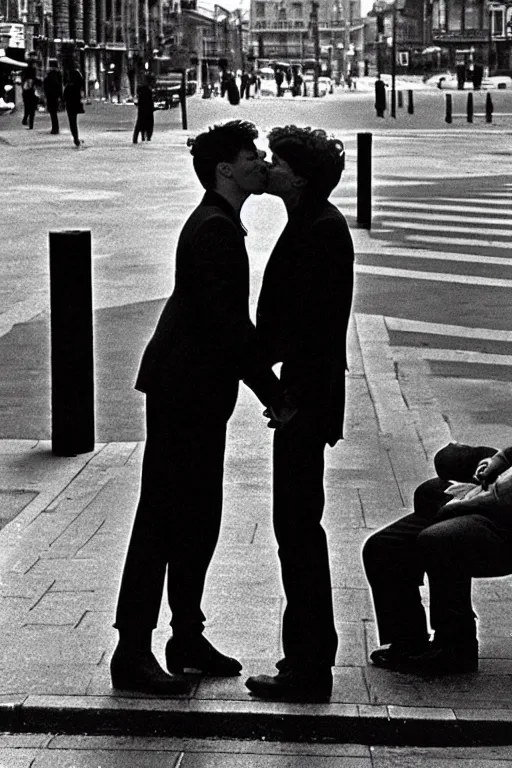 Image similar to street photo, couple of man and woman kiss on the background of the war, film photography, exposed b & w photography, christopher morris photography, bruce davidson photography, peter marlow photography