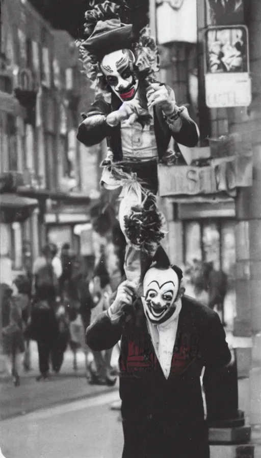 Image similar to joe rogan clown street performer, cinema still