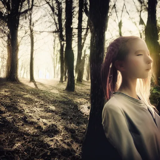 Image similar to , a girl poses for a photographer who is a robot, 5 0 mm lens, f 1. 4, sharp focus, ethereal, emotionally evoking, head in focus, volumetric lighting, blur dreamy outdoor,