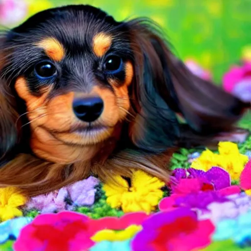 Prompt: long haired dachshund shi tzu mix laying on a bed of multi-color flowers l, Matisse