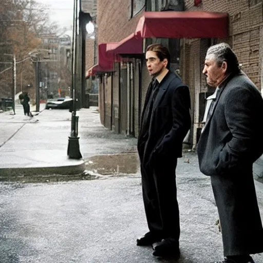 Image similar to in this scene from david chase's hbo miniseries / the outfit /, a supernatural mafia crime thriller about magical monster - hunting mafiosi in 9 0 s philadelphia the main character ( / joe manganiello / ) is being interrogated by his boss ( / robert de niro / ). realistic hd 8 k film photography. composition inspired by christopher mckenna.